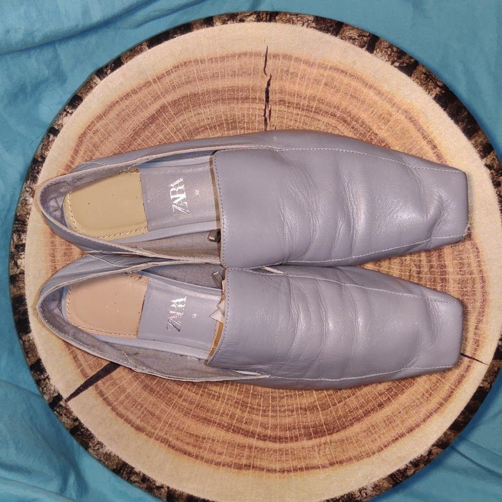 ZARA Blue Leather Square Toe Loafers